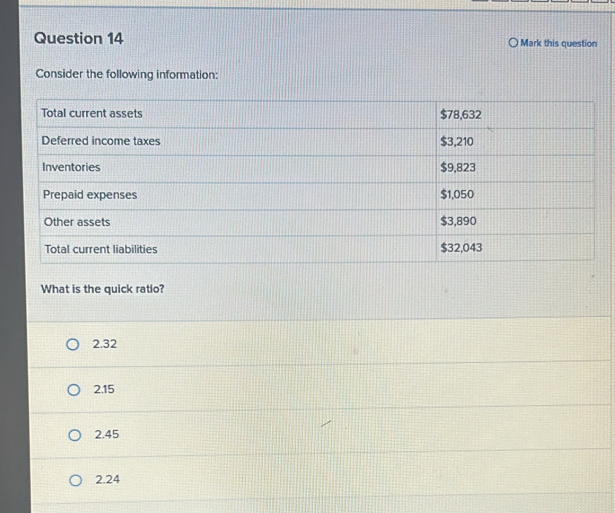 Mark this question
Consider the following information:
What is the quick ratio?
2.32
2.15
2.45
2.24