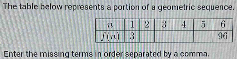 The table below represents a portion of a geometric sequence.
Enter the missing terms in order separated by a comma.