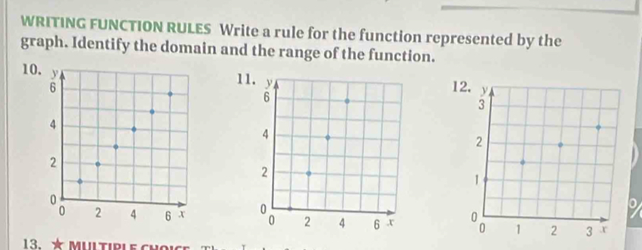 WRITING FUNCTION RULES Write a rule for the function represented by the 
graph. Identify the domain and the range of the function. 
10. 
1 
12.
4
2
2 4 6 x
9 

13. * MULtIPLE CHOl