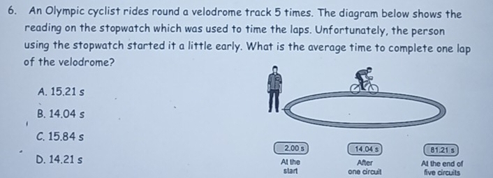 An Olympic cyclist rides round a velodrome track 5 times. The diagram below shows the
reading on the stopwatch which was used to time the laps. Unfortunately, the person
using the stopwatch started it a little early. What is the average time to complete one lap
of the velodrome?
A. 15.21 s
B. 14.04 s
C. 15.84 s
2.00 s 14.04 s 81.21 s
D. 14.21 s At the After At the end of
slart one circuil five circuits