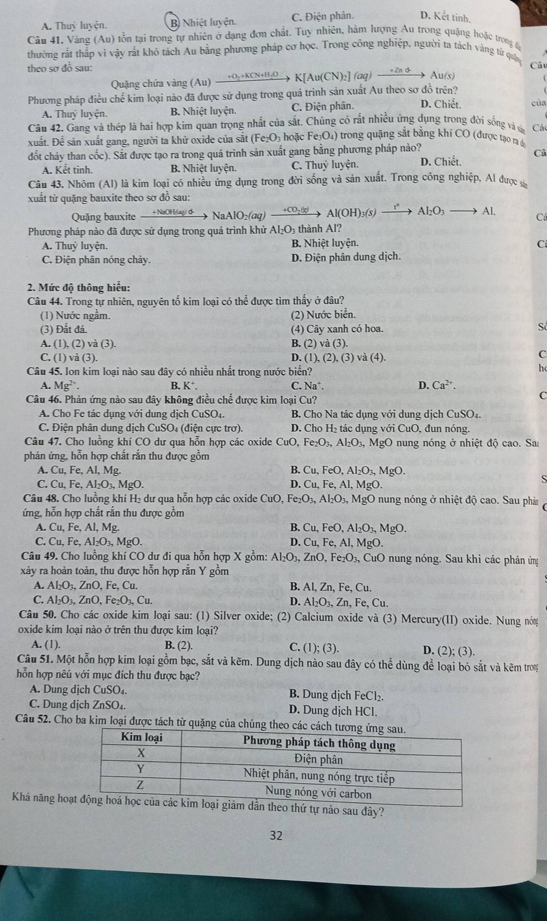 A. Thuý luyện, B) Nhiệt luyện. C. Điện phân.
D. Kết tinh.
Câu 41. Vàng (Au) tồn tại trong tự nhiên ở dạng đơn chất. Tuy nhiên, hàm lượng Au trong quặng hoặc trong 
thường rất thấp vì vậy rất khó tách Au bằng phương pháp cơ học. Trong công nghiệp, người ta tách vàng tử quâny
theo sơ đồ sau: Câu
Quặng chứa vàng (Au) xrightarrow +O_2+KCN+H_2OK[Au(CN)_2] (aq)  +2n d→ Au(s)
Phương pháp điều chế kim loại nào đã được sử dụng trong quá trình sản xuất Au theo sơ đồ trên?
A. Thuỷ luyện B. Nhiệt luyện. C. Điện phân.
D. Chiết. của
Câu 42. Gang và thép là hai hợp kim quan trọng nhất của sắt. Chúng có rất nhiều ứng dụng trong đời sống và sản Các
xuất. Để sản xuất gang, người ta khử oxide của sắt (Fe₂O₃ hoặc Fe₃O₄) trong quặng sắt bằng khí CO (được tạo ra 6
đốt cháy than cốc). Sắt được tạo ra trong quá trình sản xuất gang bằng phương pháp nào?
Câ
A. Kết tinh. B. Nhiệt luyện. C. Thuỷ luyện. D. Chiết.
Câu 43. Nhôm (Al) là kim loại có nhiều ứng dụng trong đời sống và sản xuất. Trong công nghiệp, Al được sả
xuất từ quặng bauxite theo sơ đồ sau:
Quặng bauxite +NaOH(ag) d- Na AlO_2(aq)xrightarrow +CO_2(g)Al(OH)_3(s)xrightarrow I°Al_2O_3to Al.
Cá
Phương pháp nào đã được sử dụng trong quá trình khử . Al_2O_3 thành Al?
A. Thuỷ luyện. B. Nhiệt luyện. C
C. Điện phân nóng chảy. D. Điện phân dung dịch.
2. Mức độ thông hiểu:
Câu 44. Trong tự nhiên, nguyên tố kim loại có t hhat e được tìm thấy ở đâu?
(1) Nước ngầm. (2) Nước biển.
(3) Đất đá. (4) Cây xanh có hoa.
Số
A. ( 1),(2)va(. 3). B. (2)va(3)
C. (1) và (3). D. (1) (2),(3) và (4)
C
Câu 45. Ion kim loại nào sau đây có nhiều nhất trong nước biển?
h
A. Mg^(2+). B. K*. C. Na^+ D. Ca^(2+).
Câu 46. Phản ứng nào sau đây không điều chế được kim loại Cu?
C
A. Cho Fe tác dụng với dung dịch CuSO₄. B. Cho Na tác dụng với dung dịch CuSO₄.
C. Điện phân dung dịch CuSO₄ (điện cực trơ). D. Cho H₂ tác dụng với CuO, đun nóng.
Câu 47. Cho luồng khí CO dư qua hỗn hợp các oxide CuO,Fe_2O_3,Al_2O_3 93, MgO nung nóng ở nhiệt độ cao. Sar
phản ứng, hỗn hợp chất rắn thu được gồm
A. Cu,Fe,Al,Mg. B. Cu,FeO,Al_2O_3,MgO.
D. 
C. Cu,Fe,Al_2O_3,MgO. Cu,Fe,Al,MgO
S
Câu 48. Cho luồng khí H₂ dư qua hỗn hợp các oxide CuO, Fe_2O_3,Al_2O_3,MgC O nung nóng ở nhiệt độ cao. Sau phả
ứng, hỗn hợp chất rắn thu được gồm
A. Cu,Fe,Al,Mg B. Cu,FeO,Al_2O_3,MgO.
C. Cu,Fe,Al_2O_3,MgO. D. Cu,Fe,Al,MgO.
Câu 49. Cho luồng khí CO dư đi qua hỗn hợp X gồm: Al_2O_3,ZnO,Fe_2O_3,CuO nung nóng. Sau khi các phản ứng
xảy ra hoàn toàn, thu được hỗn hợp rắn Y gồm
A. Al_2O_3,ZnO,Fe,Cu B. AI,Zn,Fe,Cu.
C. Al_2O_3,ZnO,Fe_2O_3,Cu. D. Al_2O_3,Zn, , Fe, Cu.
Câu 50. Cho các oxide kim loại sau: (1) Silver oxide; (2) Calcium oxide và (3) Mercury(II) oxide. Nung nóng
oxide kim loại nào ở trên thu được kim loại?
A. (1). B. (2). C. (1);(3). D. (2); (3).
Câu 51. Một hỗn hợp kim loại gồm bạc, sắt và kẽm. Dung dịch nào sau đây có thể dùng để loại bỏ sắt và kẽm trong
hỗn hợp nêú với mục đích thu được bạc?
A. Dung dịch CuSO₄. B. Dung dịch FeCl_2
C. Dung dịch ZnSO₄. D. Dung dịch HCl.
Câu 52. Cho ba kim loại được tách từ quặng của chúng the
Khả năng ho theo thứ tự nào sau đây?
32