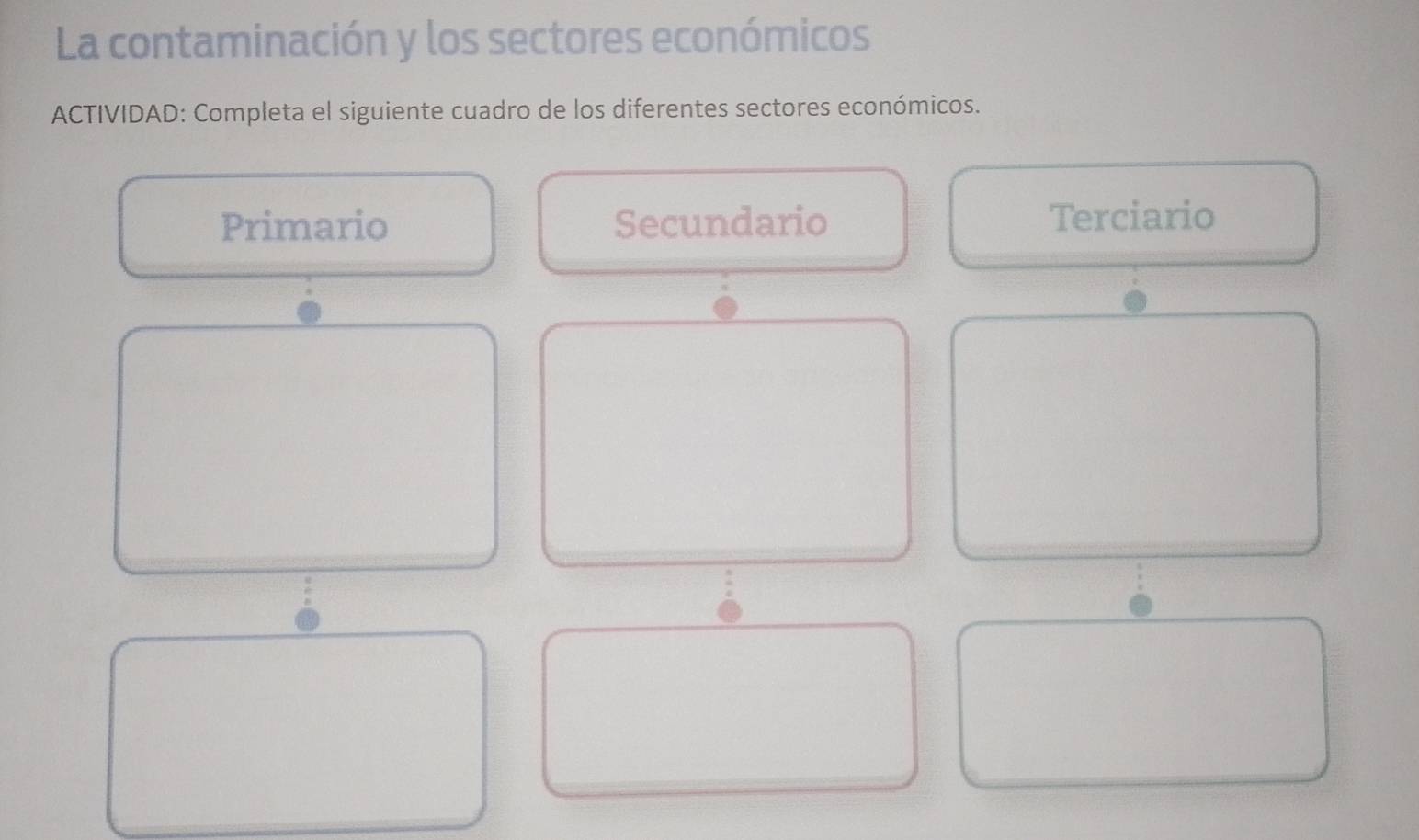 La contaminación y los sectores económicos
ACTIVIDAD: Completa el siguiente cuadro de los diferentes sectores económicos.
Primario Secundario Terciario