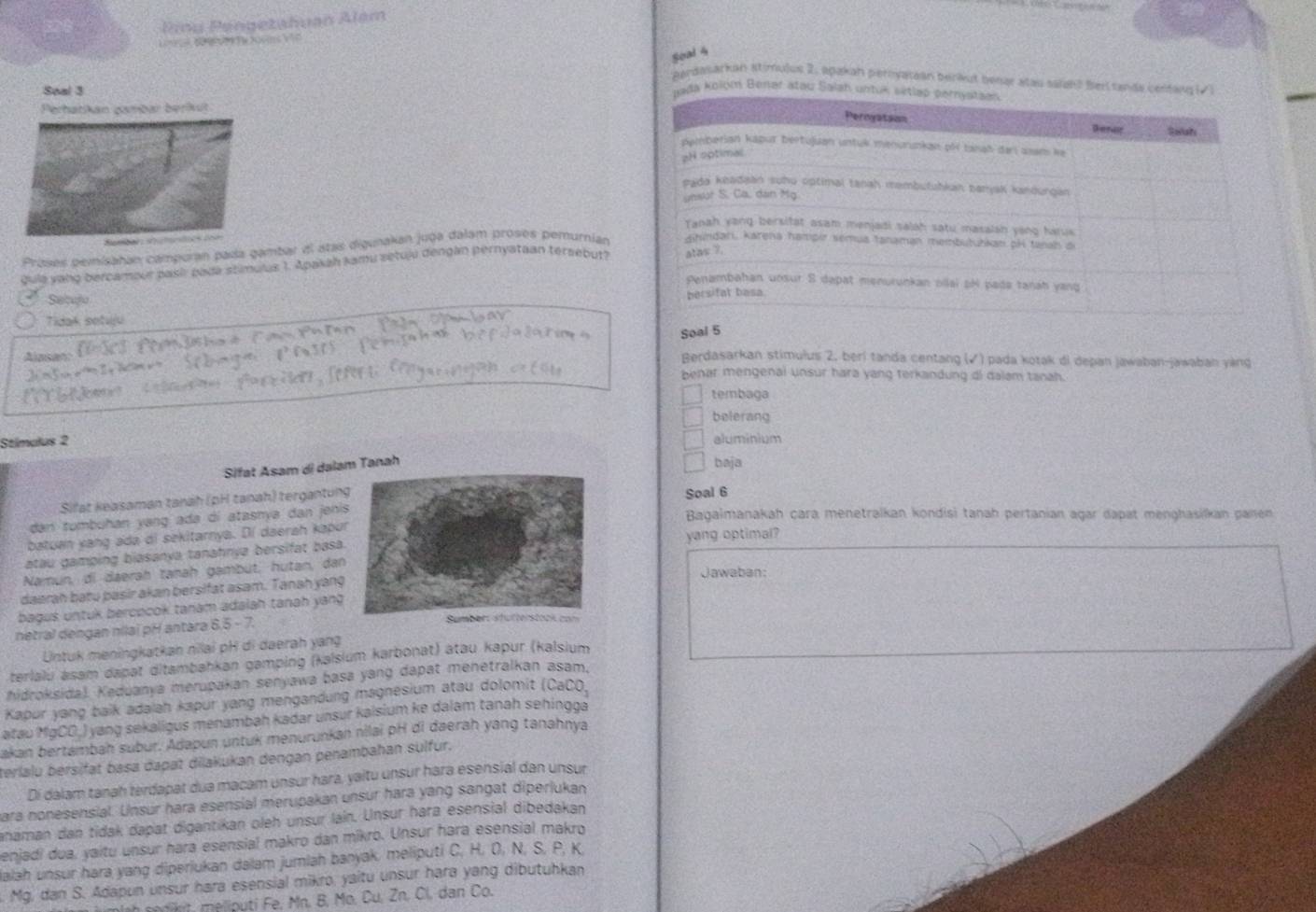 Pinú Péngetahuan Além
L  a 2      Ta X0c  
Seal 4
Berdasarkan stimulus 2, apakah pernyataan berkut benar atau salnd Berl san
Soal 3 kolóm Benar atau Salan
Perhatikan gambar beriküt
Proses pemisañan campuran pada gambar el atas digunakan juga dalam proses pemurnian
quie yang bercamour pasi pada stimuls 1. Apakah kamu setuju dengan pernyataan tersebut?
Setuja
Tidak sotuju
Soal 5
Alpcan
Berdasarkan stimulus 2, beri tanda centang (√) pada kotak di depan jawaban-jawaban yàng
benar mengenal unsur hara yang terkandung di dalam tanah.
tembaga
belerang
Stimalus 2 aluminium
Sifat Asam di dalam Tanah
baja
Sifat keasaman tanah (pH tanah) tergantun
Soal 6
dan tumbuhan yang ada di atasnya dan jeni
Bagaimanakah cara menetralkan kondisi tanah pertanian agar dapat menghasilkan panen
batuan yang ada di sekitarnya. Dí daerah kapu
atau gamping biasanya tanahnya bersifat basayang optimal?
Namun, di dæerah tanah gambut, hutan, dan
Jawaban:
daarah batu pasir akan bersifat asam. Tanah yang
bagus untuk bercocok tanam adalah tanah yang 
netral dengan nilai pH antara 6 5-7
Untuk meningkatkah nilai pH di daerah yang
teriaïu asam dapat ditambahkan gamping (kalsium karbonat) ätau kapur (kalsium
hidroksidal. Keduanya merupakan senyawa basa yang dapat menetralkan asam,
Kapur yang baik adaiah kapur yang mengandung magnesium atau dolomit (CaCO_3
atau MgCO.) yang sekaligus menambah kadar unsur kaisium ke dalam tanah sehingga
Jakan bertámbaḥ sübur. Adapun untuk menurunkan nilai pH di daerah yang tanahnya
terlalu bersifat basa dapat dilakukan dengan penambahan sulfur.
Di dalam tanah terdapat dua macam unsur hara, yaitu unsur hara esensial dan unsur
para nonesensial. Unsür hara esensial merupakan unsur hara yang sangat diperiukan
Janaman dan tidak dapat digantikan oleh unsur lain. Unsur hara esensial dibedakan
enjadi dua, yaitu unsur hara esensial makro dan mikro. Unsur hara esensial makro
ialah unsur hara yang diperiukan dalam jumlah banyak, meliputi C, H. D, N, S, P, K
. Mg. dan S. Adapun unsur hara esensial mikro, yaitu unsur hara yang dibutuhkan
mish sonibit, meliputi Fe, Mn. B, Mo. Cu, Zn. Cl, dan Co.