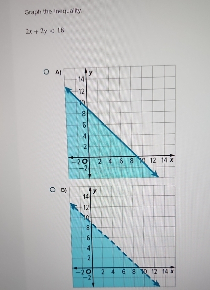 Graph the inequality.
2x+2y<18</tex> 
A 
B