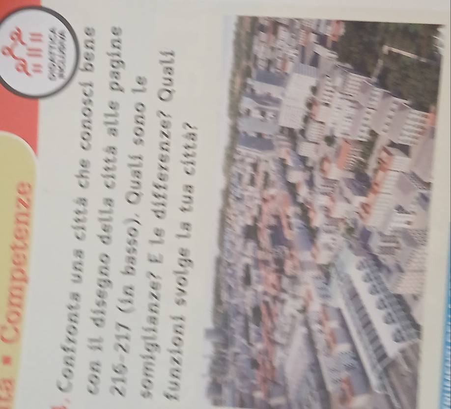 la « Competenze 
* Confronta una città che conosci bene 
con il disegno della città alle pagine
216-217 (in basso). Qualí sono le 
somiglianze? E le differenze? Quali 
funzioni svolge la tua città?