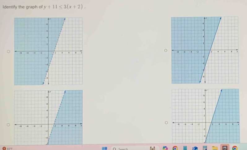 Identify the graph of y+11≤ 3(x+2).

65°F
Search