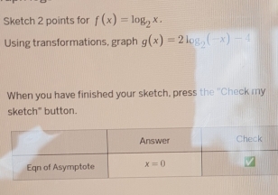 Sketch 2 points for f(x)=log _2x.
Using transformations, graph g(x)=2log _2(-x)-4
When you have finished your sketch, press the "Check my
sketch" button.