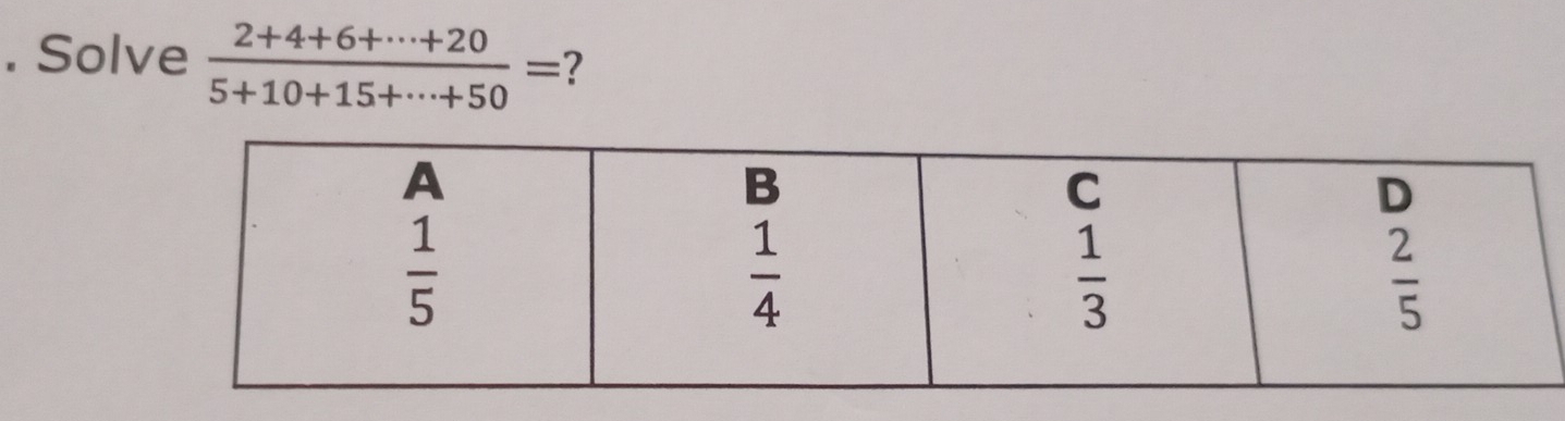 Solve  (2+4+6+·s +20)/5+10+15+·s +50 = ?