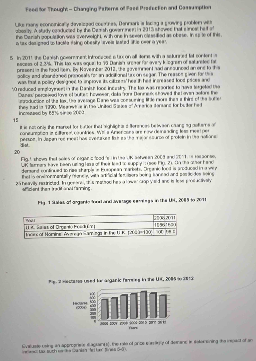 Food for Thought - Changing Patterns of Food Production and Consumption
Like many economically developed countries, Denmark is facing a growing problem with
obesity. A study conducted by the Danish government in 2013 showed that almost half of
the Danish population was overweight, with one in seven classified as obese. In spite of this,
a tax designed to tackle rising obesity levels lasted little over a year.
5 In 2011 the Danish government introduced a tax on all items with a saturated fat content in
excess of 2.3%. This tax was equal to 16 Danish kroner for every kilogram of saturated fat
present in the food item. By November 2012, the government had announced an end to this
policy and abandoned proposals for an additional tax on sugar. The reason given for this
was that a policy designed to improve its citizens' health had increased food prices and
10 reduced employment in the Danish food industry. The tax was reported to have targeted the
Danes' perceived love of butter; however, data from Denmark showed that even before the
introduction of the tax, the average Dane was consuming little more than a third of the butter
they had in 1990. Meanwhile in the United States of America demand for butter had
increased by 65% since 2000.
15
It is not only the market for butter that highlights differences between changing patterns of
consumption in different countries. While Americans are now demanding less meat per
person, in Japan red meat has overtaken fish as the major source of protein in the national
diet.
20
Fig.1 shows that sales of organic food fell in the UK between 2008 and 2011. In response,
UK farmers have been using less of their land to supply it (see Fig. 2). On the other hand
demand continued to rise sharply in European markets. Organic food is produced in a way
that is environmentally friendly, with artificial fertilisers being banned and pesticides being
25 heavily restricted. In general, this method has a lower crop yield and is less productively
efficient than traditional farming.
Fig. 1 Sales of organic food and average earnings in the UK, 2008 to 2011
Fig. 2 Hectares used for organic farming in the UK, 2006 to 2012
Evaluate using an appropriate diagram(s), the role of price elasticity of demand in determining the impact of an
indirect tax such as the Danish ‘fat tax' (lines 5-6).