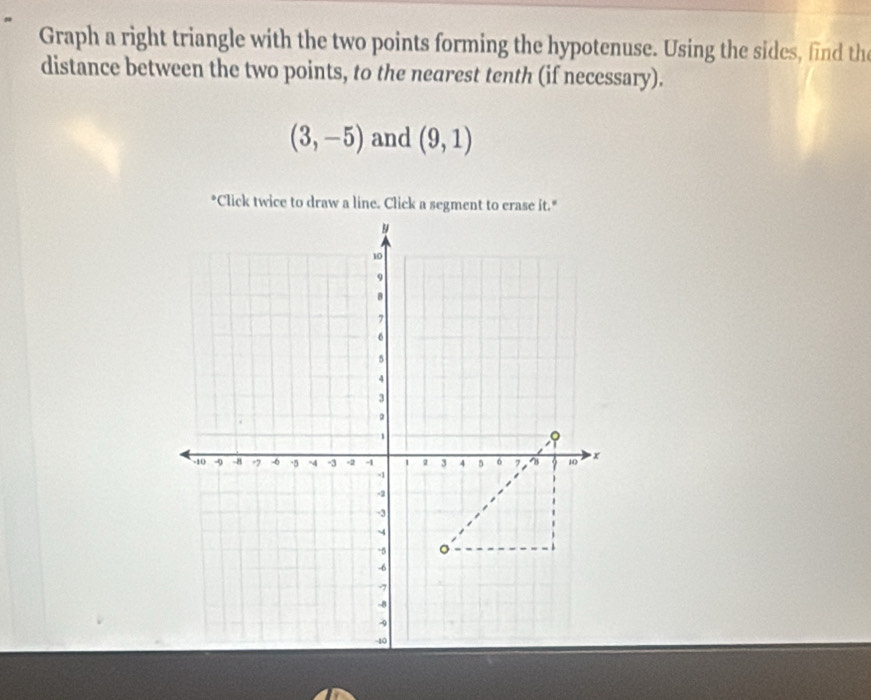 Graph a right triangle with the two points forming the hypotenuse. Using the sides, find the 
distance between the two points, to the nearest tenth (if necessary).
(3,-5) and (9,1)
*Click twice to draw a line. Click a segment to crase it."
y
10
9
8
7
6
5
4
3
。
-10 -9 -8 -7 -0 -5 -4 -3 -2 -1 1 3 4 5 6 7 10 x
-1
-1
-3
4
-5 。
-6
-7
-8
4
-40