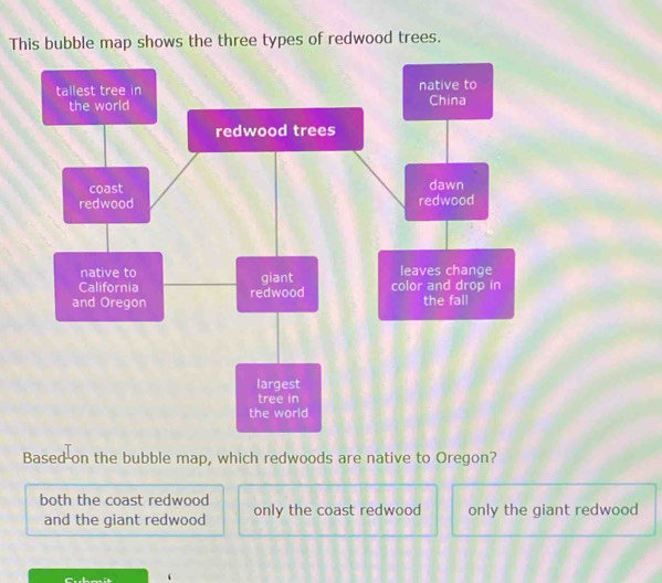 This bubble map shows the three types of redwood trees.
Based on the bubble map, which redwoods are native to Oregon?
both the coast redwood only the coast redwood only the giant redwood
and the giant redwood
Cubmit