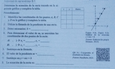 Actividad de sprendizajs 9.1 
Deternaina la ecuación de la recta trazada en la si- 
guiente gráfica y completa la tabla 
Procedimientoc 
1. Identífica las coordenadas de los puntos A, B, C
y D en la gráfica y completa la tabéa 
2. Utiliza la fórnaula de la pemdiente de una recta. 
3. Datos necesarios: b= _ 
4. Para determinar el valor de w, se necesitán las Figura 9.1h, Figuca 9i Gráfica de la ecuación
v=ass=8
coordenadas de dos puntos de la recta: Foste: Elaboración peopia 
AI. 1to x_1= _ y_1= _ Dcuuss.202 0
B(,)to x_2- _ y_2= _ 
5. Sustituye en la fórmula. 
6. El valor de la pendiente ar= _resultado en Demmu. QR 9.1. Comprueba el 
7. Sustituye en y=mx+b Fvenre: Parzibyte, 2023 
_ 
8. La ecuación de la recta es