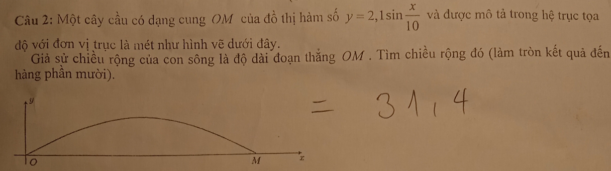 Một cây cầu có dạng cung OM của đồ thị hàm số y=2,1sin  x/10  và được mô tả trong hệ trục tọa 
độ với đơn vị trục là mét như hình vẽ dưới đây. 
Giả sử chiều rộng của con sông là độ dài đoạn thắng OM. Tìm chiều rộng đó (làm tròn kết quả đến 
hàng phần mười).