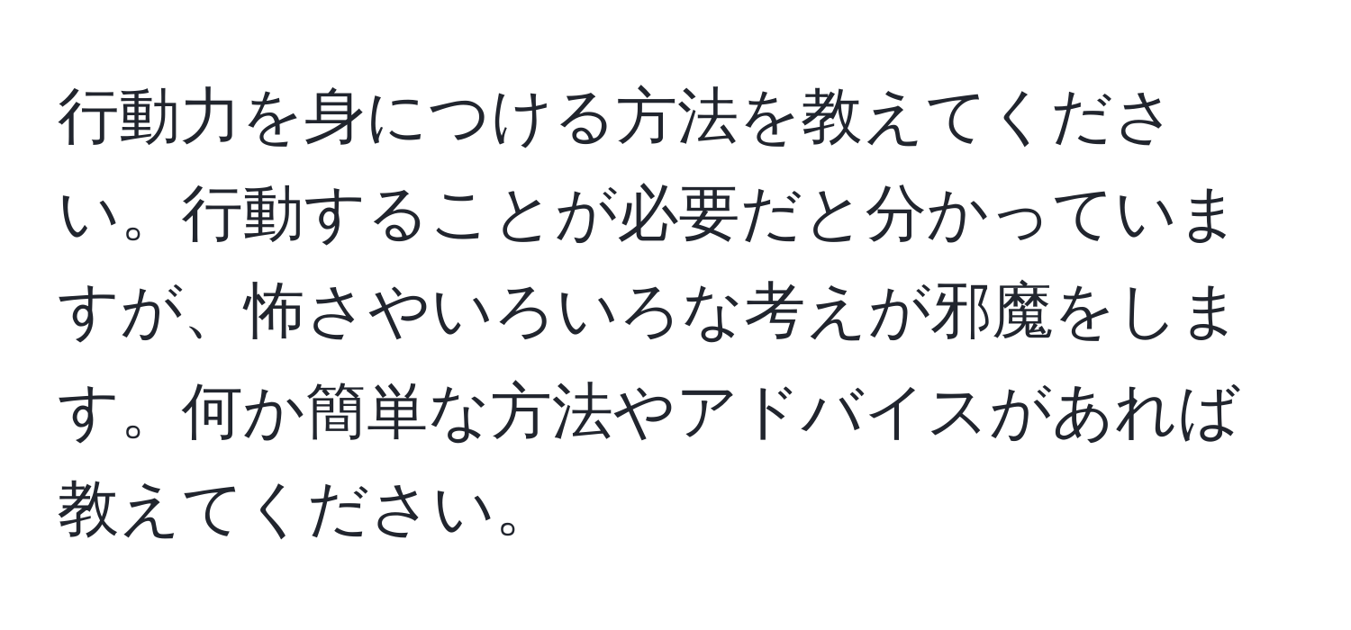 行動力を身につける方法を教えてください。行動することが必要だと分かっていますが、怖さやいろいろな考えが邪魔をします。何か簡単な方法やアドバイスがあれば教えてください。