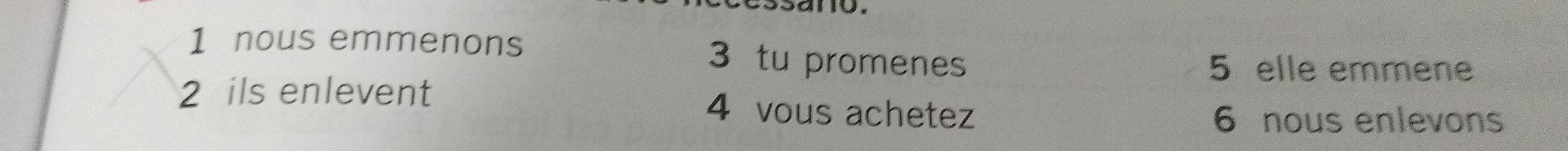 mo
1 nous emmenons 3 tu promenes
5 elle emmene
2 ils enlevent 4 vous achetez
6 nous enlevons