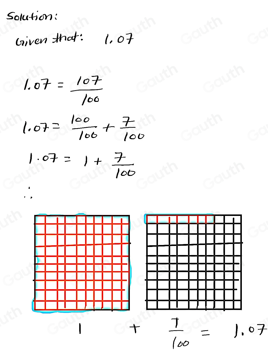 Solution: 
Given that: 1. o7
1.07= 107/100 
1.07= 100/100 + 7/100 
1.07=1+ 7/100 
1+ 7/100 =1.07