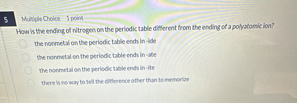 How is the ending of nitrogen on the periodic table different from the ending of a polyatomic ion?
the nonmetal on the periodic table ends in -ide
the nonmetal on the periodic table ends in -ate
the nonmetal on the periodic table ends in -ite
there is no way to tell the difference other than to memorize