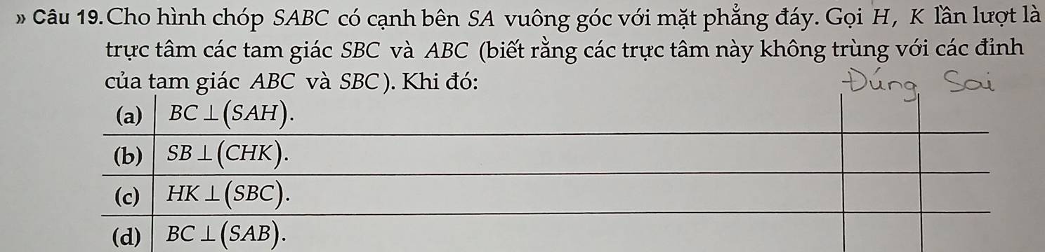 # Câu 19.Cho hình chóp SABC có cạnh bên SA vuông góc với mặt phẳng đáy. Gọi H, K lần lượt là
trực tâm các tam giác SBC và ABC (biết rằng các trực tâm này không trùng với các đỉnh
của tam giác ABC và SBC ). Khi đó: