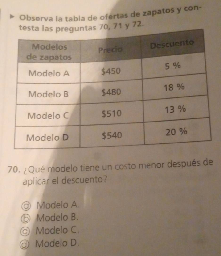 Observa la tabla de ofertas de zapatos y con-
, 71 y 72.
70. ¿Qué modelo tiene un costo menor después de
aplicar el descuento?
Modelo A.
ⓑ Modelo B.
◎ Modelo C.
@ Modelo D.