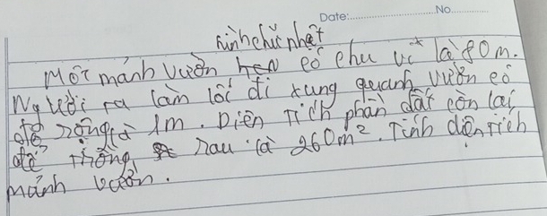 ninhehui nht 
Mot manh ven He ed eha v_c^(* l80m. 
Wg udi ra lam lói di xung quan wǒn eǒ 
de zang(à Im. Dièn Tich phān dài còn la 
ae thǒng nau la 260m^2) Tihh den rich 
Manh oceon.