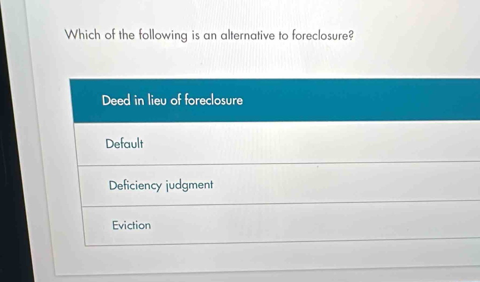 Which of the following is an alternative to foreclosure?
Deed in lieu of foreclosure
Default
Deficiency judgment
Eviction