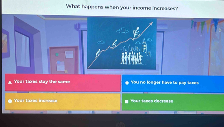 What happens when your income increases?
Your taxes stay the same You no longer have to pay taxes
Your taxes increase Your taxes decrease