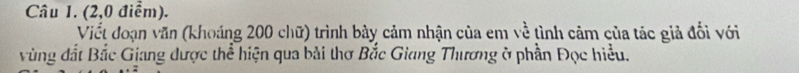 (2,0 điểm). 
Viết đoạn văn (khoáng 200 chữ) trình bày cảm nhận của em về tình cảm của tác giả đổi với 
vùng đất Bắc Giang được thể hiện qua bài thơ Bắc Giang Thương ở phần Đọc hiểu.