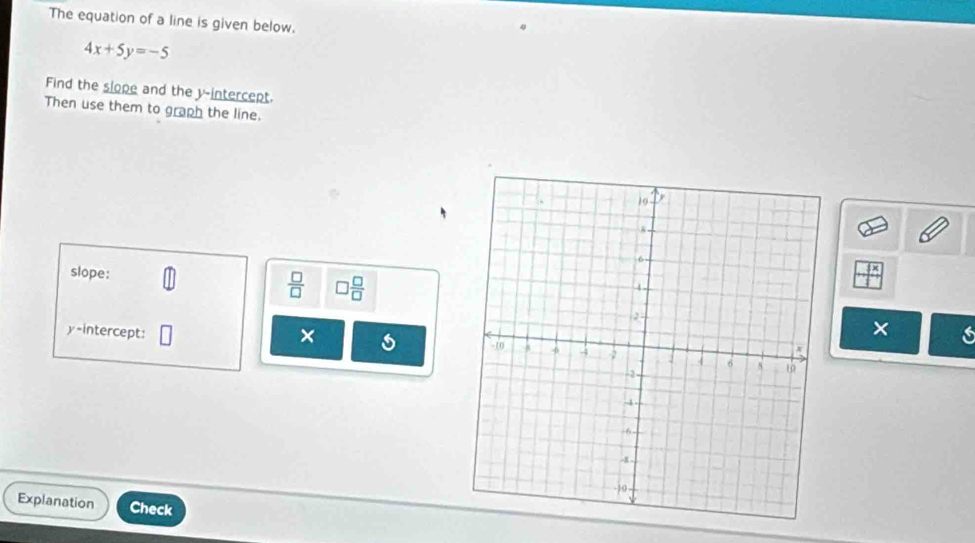 The equation of a line is given below.
4x+5y=-5
Find the slope and the y-intercept 
Then use them to graph the line. 
slope:  □ /□   □  □ /□  
 1x/1 
y-intercept: 
× 
× s 
Explanation Check