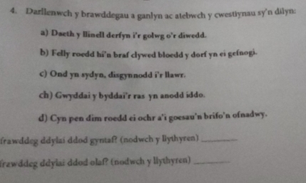 Darllenwch y brawddegau a ganlyn ac atebwch y cwestiynau sy'n dilyn: 
a) Daeth y llinell derfyn i'r golwg o'r diwedd. 
b) Felly roedd hi’n braf clywed bloedd y dorf yn ei gefnogi. 
c) Ond yn sydyn, disgynnodd i'r llawr. 
ch) Gwyddai y byddai’r ras yn anodd iddo. 
d) Cyn pen dim roedd ei ochr a'i goesau'n brifo’n ofnadwy. 
frawddeg ddylai ddod gyntaf? (nodwch y liythyren)_ 
frawddeg ddyiai ddod olaf? (nodwch y llythyren)_