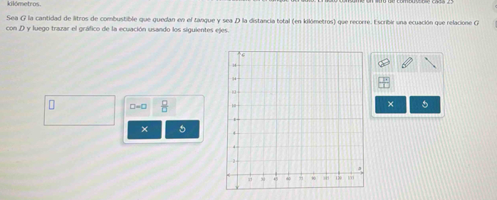 kilómetros. 
Sea G la cantidad de litros de corbustible que quedan en el tanque y sea D la distancia total (en kilómetros) que recorre. Escribir una ecuación que relacione G 
con D y luego trazar el gráfico de la ecuación usando los siguientes ejes.
□ =□  □ /□   × 5 
× 5