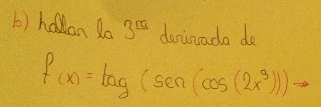 hallan Ra 3^(5a) deinada do
f(x)=log (sen (cos (2x^3)))=