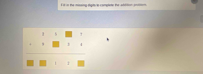 Fill in the missing digits to complete the addition problem. 
beginarrayr 25□ 7□ □ □ □  hline □ □ □ □ □ endarray