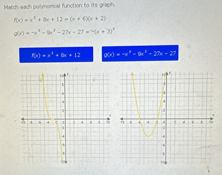 Match each polynomial function to its graph.
f(x)=x^2+8x+12=(x+6)(x+2)
g(x)=-x^3-9x^2-27x-27=-(x+3)^3
f(x)=x^2+8x+12 g(x)=-x^3-9x^2-27x-27