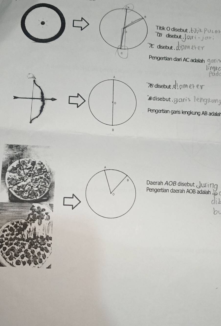 Titik O disebut . 
U disebut 
disebut . 
engertian dari AC adalah
78 disebut
$ disebut . 
Pengertian garis lengkung AB adalah 
Daerah AOB disebut 
Pengertian daerah AOB adalah ....