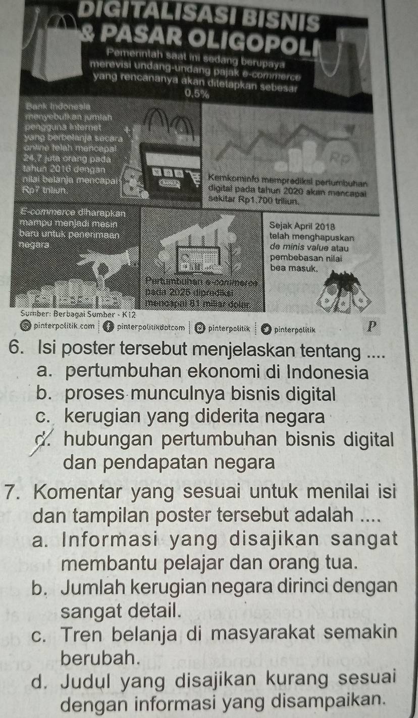 DIGITALISASI BISNIS
6. Isi poster tersebut menjelaskan tentang ....
a. pertumbuhan ekonomi di Indonesia
b. proses munculnya bisnis digital
c. kerugian yang diderita negara
d. hubungan pertumbuhan bisnis digital
dan pendapatan negara
7. Komentar yang sesuai untuk menilai isi
dan tampilan poster tersebut adalah ....
a. Informasi yang disajikan sangat
membantu pelajar dan orang tua.
b. Jumlah kerugian negara dirinci dengan
sangat detail.
c. Tren belanja di masyarakat semakin
berubah.
d. Judul yang disajikan kurang sesuai
dengan informasi yang disampaikan.