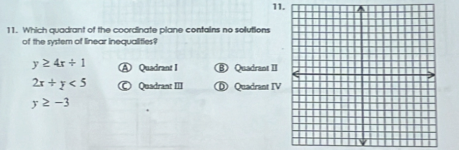 Which quadrant of the coordinate plane contains no solutions
of the system of linear inequalities?
y≥ 4x/ 1 A Quadrant I ⑧ Quadrant II
2x+y<5</tex> Quadrant III D Quadrant IV
y≥ -3