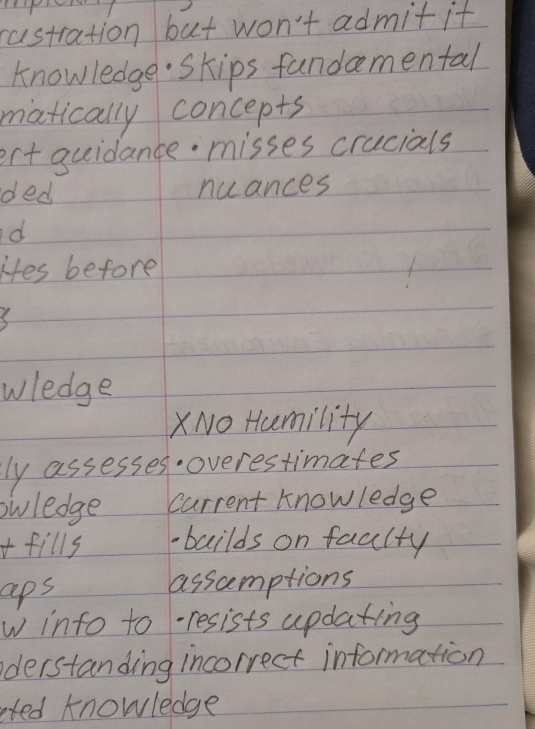 castration but won't admit it 
knowledge Skips fandamental 
matically concepts 
ert guidance misses crucials 
ded nuances 
d 
Hes before 
wledge 
XNo Htemility 
ly assesses. overestimates 
owledge carrent knowledge 
+fills bailds on faclty 
aps assomptions 
w into to -resists updating 
derstanding incorrect information 
eted knowledge