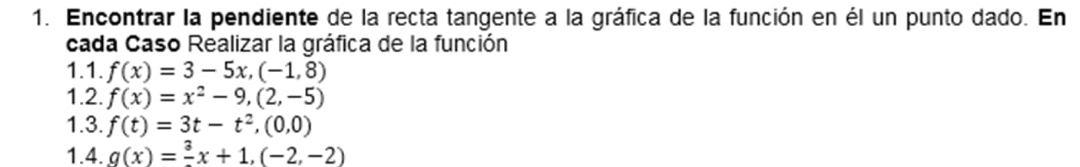 Encontrar la pendiente de la recta tangente a la gráfica de la función en él un punto dado. En 
cada Caso Realizar la gráfica de la función 
1.1. f(x)=3-5x, (-1,8)
1.2. f(x)=x^2-9,(2,-5)
1.3. f(t)=3t-t^2,(0,0)
1.4. g(x)=frac 3x+1,(-2,-2)