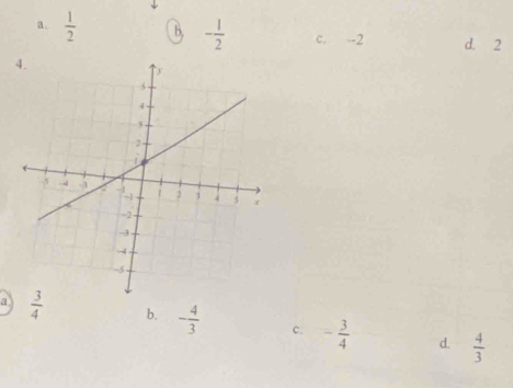 a.  1/2  B. - 1/2  c. --2 d. 2
a.  3/4  b. - 4/3  c. - 3/4   4/3 
d.