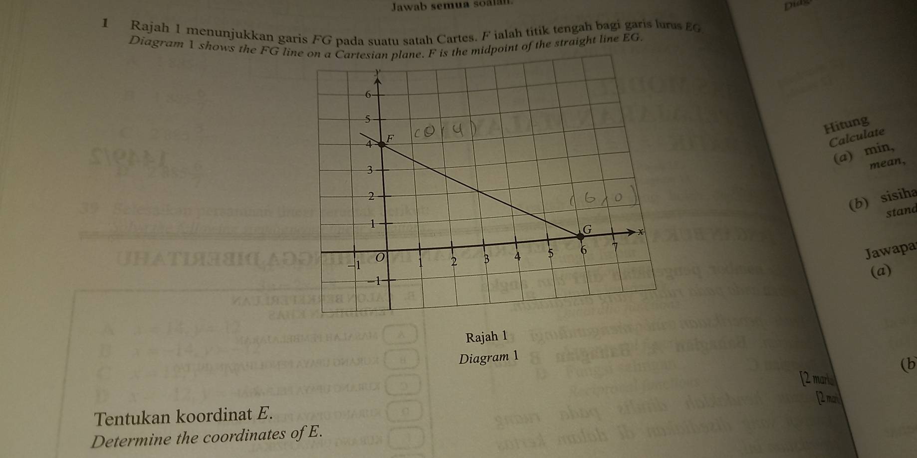 Jawab semua soalan. 
1 Rajah 1 menunjukkan garis FG pada suatu satah Cartes. F ialah titik tengah bagi garis lurus EG
Diagram 1 shows the FG lineis the midpoint of the straight line EG
Hitung 
Calculate 
(a) min, 
mean, 
(b) sisiha 
stand 
Jawapa 
(a) 
Rajah 1 
Diagram 1 
(b 
[2 mark 
[2nan 
Tentukan koordinat E. 
Determine the coordinates of E.