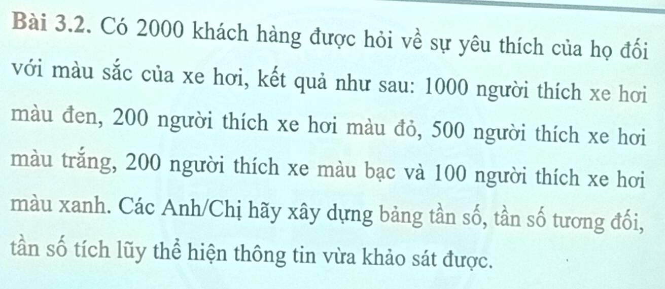 Có 2000 khách hàng được hỏi về sự yêu thích của họ đối 
với màu sắc của xe hơi, kết quả như sau: 1000 người thích xe hơi 
màu đen, 200 người thích xe hơi màu đỏ, 500 người thích xe hơi 
màu trắng, 200 người thích xe màu bạc và 100 người thích xe hơi 
màu xanh. Các Anh/Chị hãy xây dựng bảng tần số, tần số tương đối, 
tần số tích lũy thể hiện thông tin vừa khảo sát được.