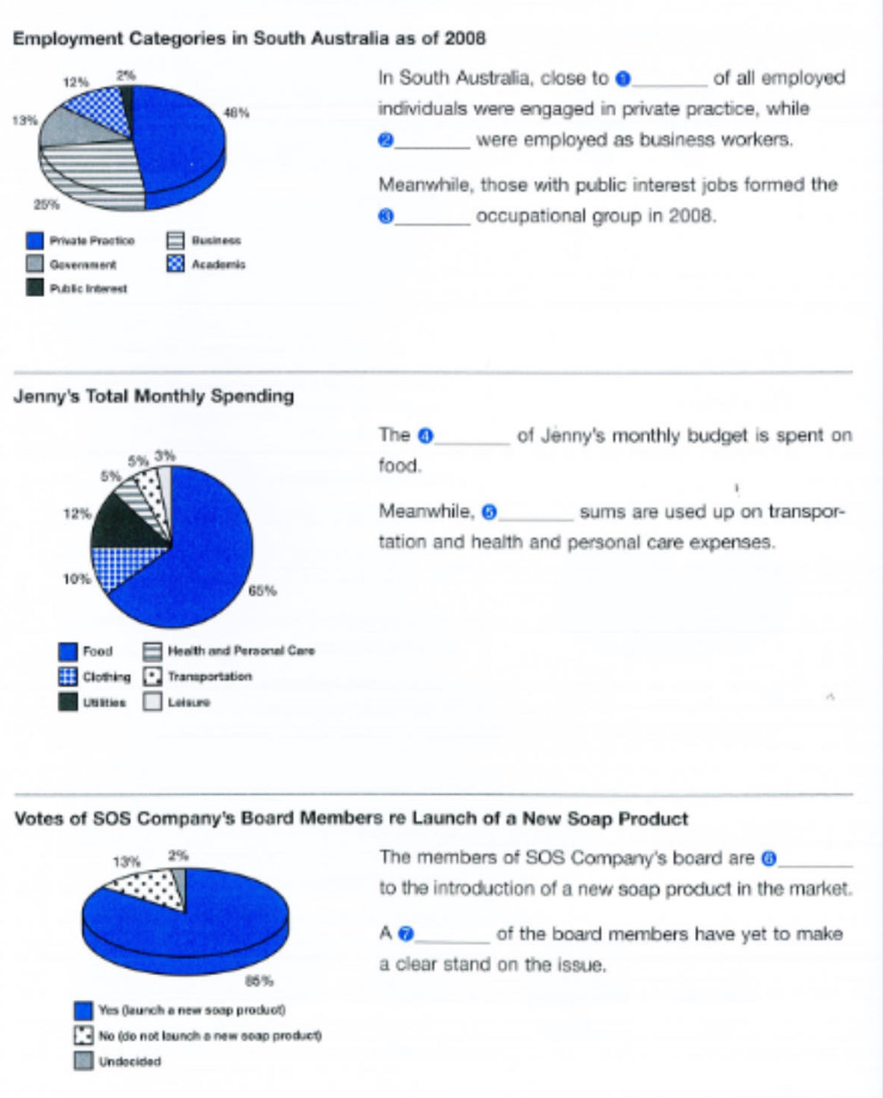 Employment Categories in South Australia as of 2008
In South Australia, close to _of all employed
1
individuals were engaged in private practice, while
a_ were employed as business workers.
Meanwhile, those with public interest jobs formed the
0_ occupational group in 2008.
Jenny's Total Monthly Spending
The 0 _ of Jenny's monthly budget is spent on
5% 3%
5%
food.
12% Meanwhile, 0_ sums are used up on transpor-
tation and health and personal care expenses.
10%
65%
Food Health and Peraonal Care
Clothing Transportation
Lalitios Letsure
Votes of SOS Company's Board Members re Launch of a New Soap Product
13% 2% The members of SOS Company's board are @_
to the introduction of a new soap product in the market.
A ❼_ of the board members have yet to make
a clear stand on the issue.
85%
Yes (launch a new soap produot)
No (do not launch a new soap product)
Undecided