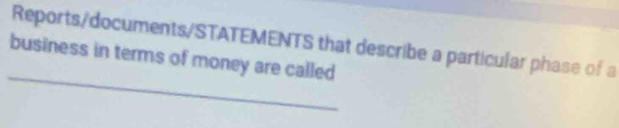 Reports/documents/STATEMENTS that describe a particular phase of a 
_ 
business in terms of money are called