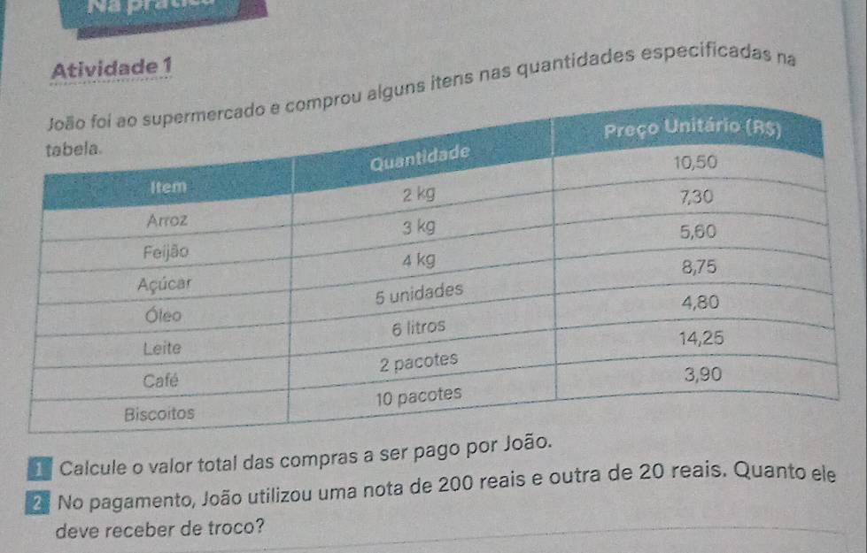 Atividade 1 
uns itens nas quantidades especificadas na 
Calcule o valor total das compras a ser pago por Joã 
No pagamento, João utilizou uma nota de 200 reais e outra de 20 reais. Quanto ele 
deve receber de troco?