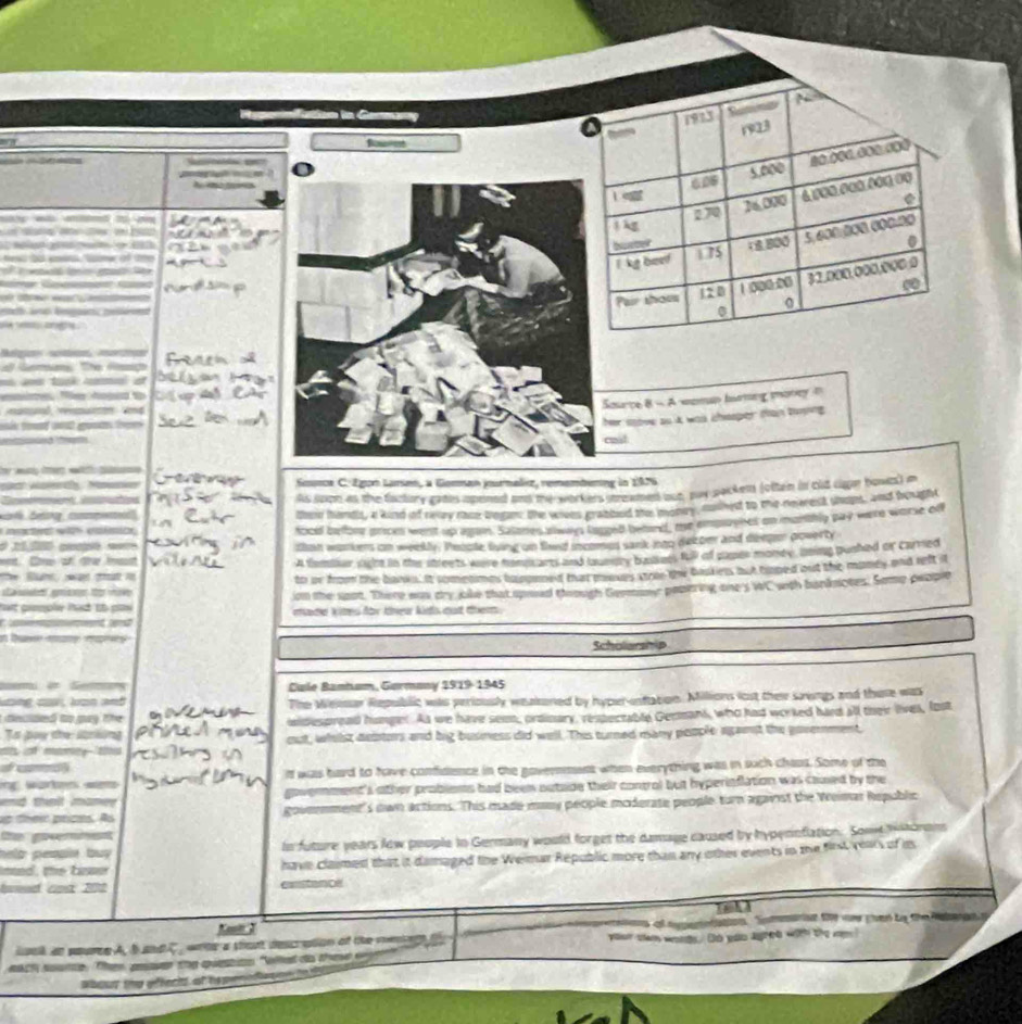 Repormfation in Gormany
1913 Remings A
1923
focee
       
       
5,600
A   606
d      
            
jkg 270 26.000
bster 4 800 5,600,000,000.00
0
              
n g  
I kg boe! 1 75
Pair shou 12 0 1000.00 32,000,000,000.0
0
         
0
0
e   . 
Balgc sca maá
e Gma Te Aço
tk  e
m e d  
tad r   
aurpe 8 - A waman huring moteyn
her sove ao it was chesper tan torng .
  
cast
T  m    
sc Halert Mausker  Sesnce C. Egon Larsen, a Gomman jourmalez, remembening in 20%
is spon as the factury gades opened and the-workers streamed oon puy packem (otten in cld cun bown) m
thee hands, a kind if ry rs began: the wives grabbed the money, mahed to the reerest whops, and bought
* i i w el 
food belore prom went up asan. Salores sways lossed behand, the empaynes on monthly pay were worse ofl
thon workers on weekly. Pecote fving on fied icomes sank nto decom and deepr poverty
es. Cre of te met
A femlur sim in the streets were homm arts and launery baskees fill of paper money, boing pushed or carred
B wạ t   
to or from the baows. It somenmes lapomned that towses stroe te baskess but tiped out the maney and reft it
e ee te tv 
ion the soot. There was dry jike that upoed through Gemoy popering one's WC with banknotes. Some people
hat gropl tat th pau 
et er made kies for khea kids oat them .
in Due any  mpe Schotwa P
S i Sean Cule Banbum, Garmony 1919 945
uing c, kzn and The Wear Republic was periously weakoned by hyper-intation. Millions ist their suengs and thuse was
declded to gay the sidespreed hunger. As we have seem, ordinary, respectable Genans, who had worked hard all their lives, fost
Ts pay the strióng
m t out, whilst debtors and big busness did well. This turned many people agant the government,
It was hard to have confidence in the gavernment when everything was in such chass. Some of the
nd theil manee government's other problems had been outade their control but hyperisflation was cued by the
g ther peces. As government's own actions. This made many people moderate people turn agavist the Wemar Republic
the goverment
In future years few poople in Germany would forget the damage caused by hypennfiation. Somt hadron
have claimed that it damaged the Welmar Republic more than any other events in the first years of is
ed cps 200 exstance
Kooi 2  ar it 1000 voner givenh Lie fihe Ralengnt 
a
aak as souree A, Band C , wte a stont descration of the ven e  t your slam words. Do yoo lgred with the mm !
each sourte. Then pear the queton "wet do thee w
mh the effecia at he pe e te