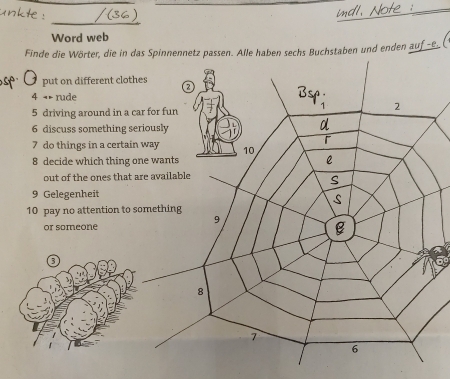 mdl Not
Word web
Finde die Wörter, die in das Spinnennetz passen. Alle haben sechs Buchstaben und enden auf -e. (
put on different c
4  rude
5 driving around in
6 discuss somethin
7 do things in a cer
8 decide which thi
out of the ones th
9 Gelegenheit
10 pay no attention
or someone