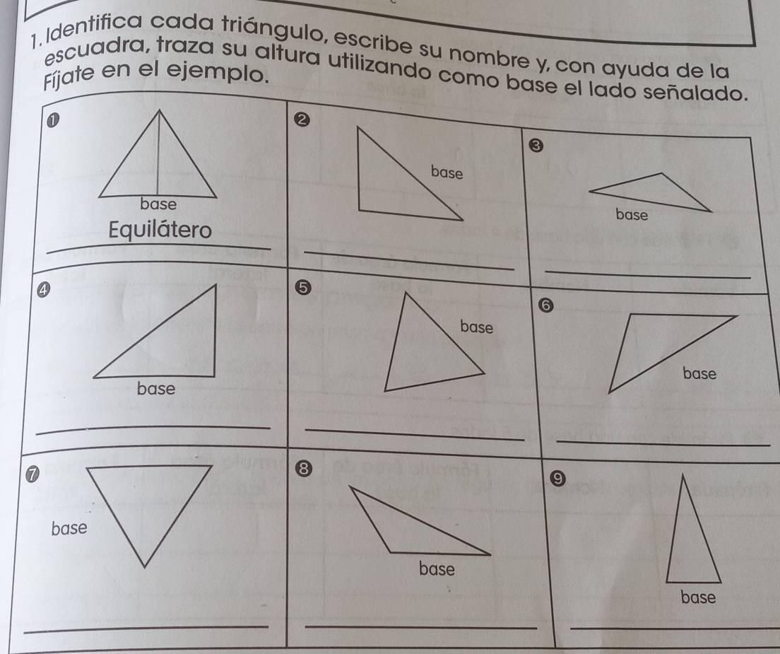 Identifica cada triángulo, escribe su nombre y, con ayuda de la
escuadra, traza su altura utilizando como base el lado señalado.
Fíjate en el ejemplo.
_
Equilátero
_
_
_
_
8
base
base
base
_
_
_