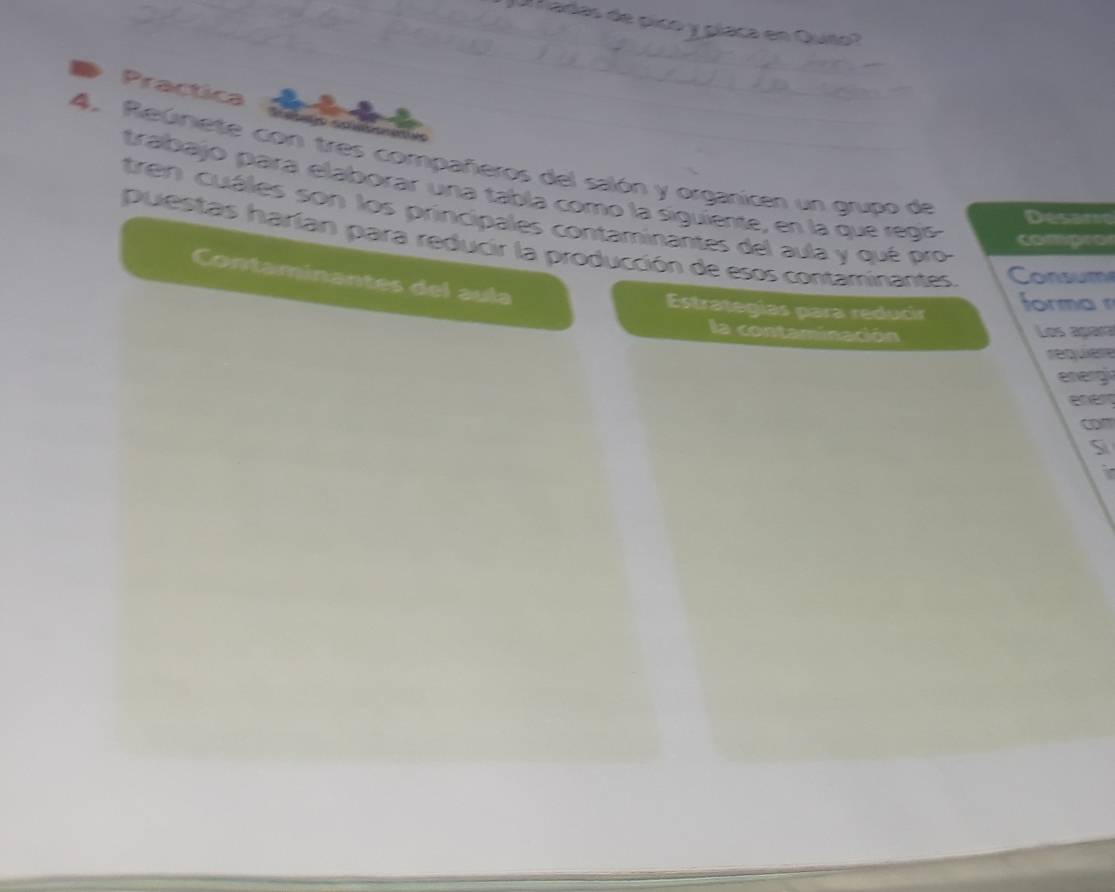 Ul hadas de pico y placa en Quito? 
Practica 
4. Reúnete con tres compañeros del salón y organicen un grupo de 
trabajó para elaborar una tabla como la siguiente, en la que regs 
tren cuáles son los principales contaminantes del aula y qué pro 
Desarer 
puestas harían para reducir la producción de esos contaminantes. Consum 
Contaminantes del aula 
Estrategías para reducir form a 
la contaminación Les agèrs 

energ 
ner