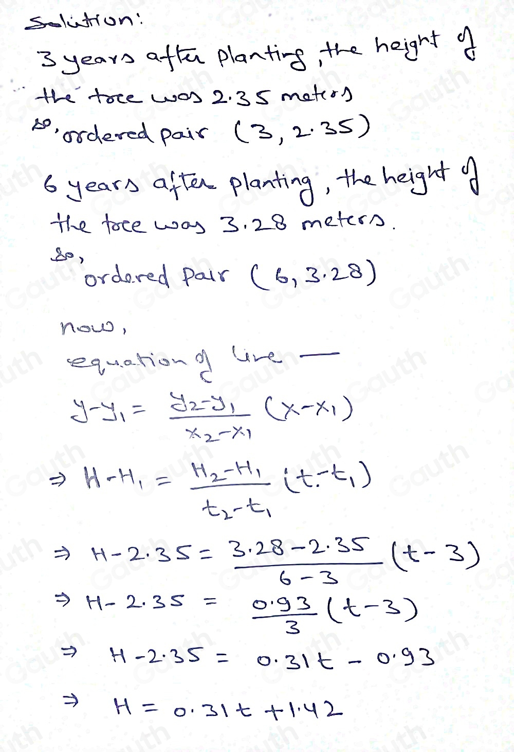 Solved: A tree was planted in the ground. Its height, H metres, was ...