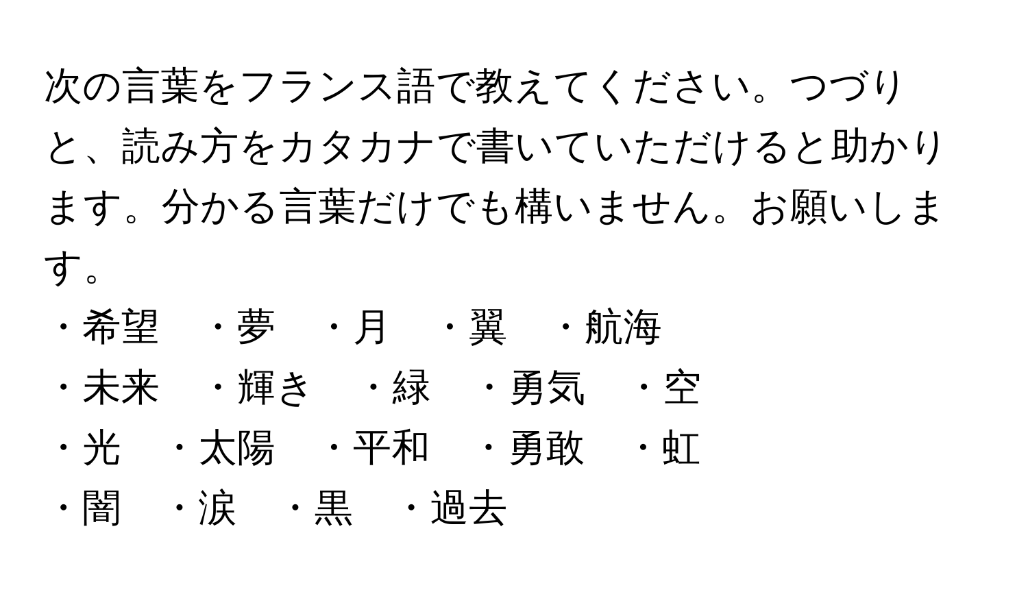 次の言葉をフランス語で教えてください。つづりと、読み方をカタカナで書いていただけると助かります。分かる言葉だけでも構いません。お願いします。  
・希望　・夢　・月　・翼　・航海  
・未来　・輝き　・緑　・勇気　・空  
・光　・太陽　・平和　・勇敢　・虹  
・闇　・涙　・黒　・過去